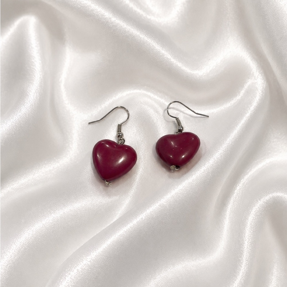 Heart Drop Earrings in Deep Burgundy